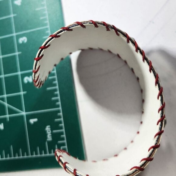 White Baseball Cuff Bracelet With "All About The Base" Metal Plate Red Stitching - Picture 5 of 5
